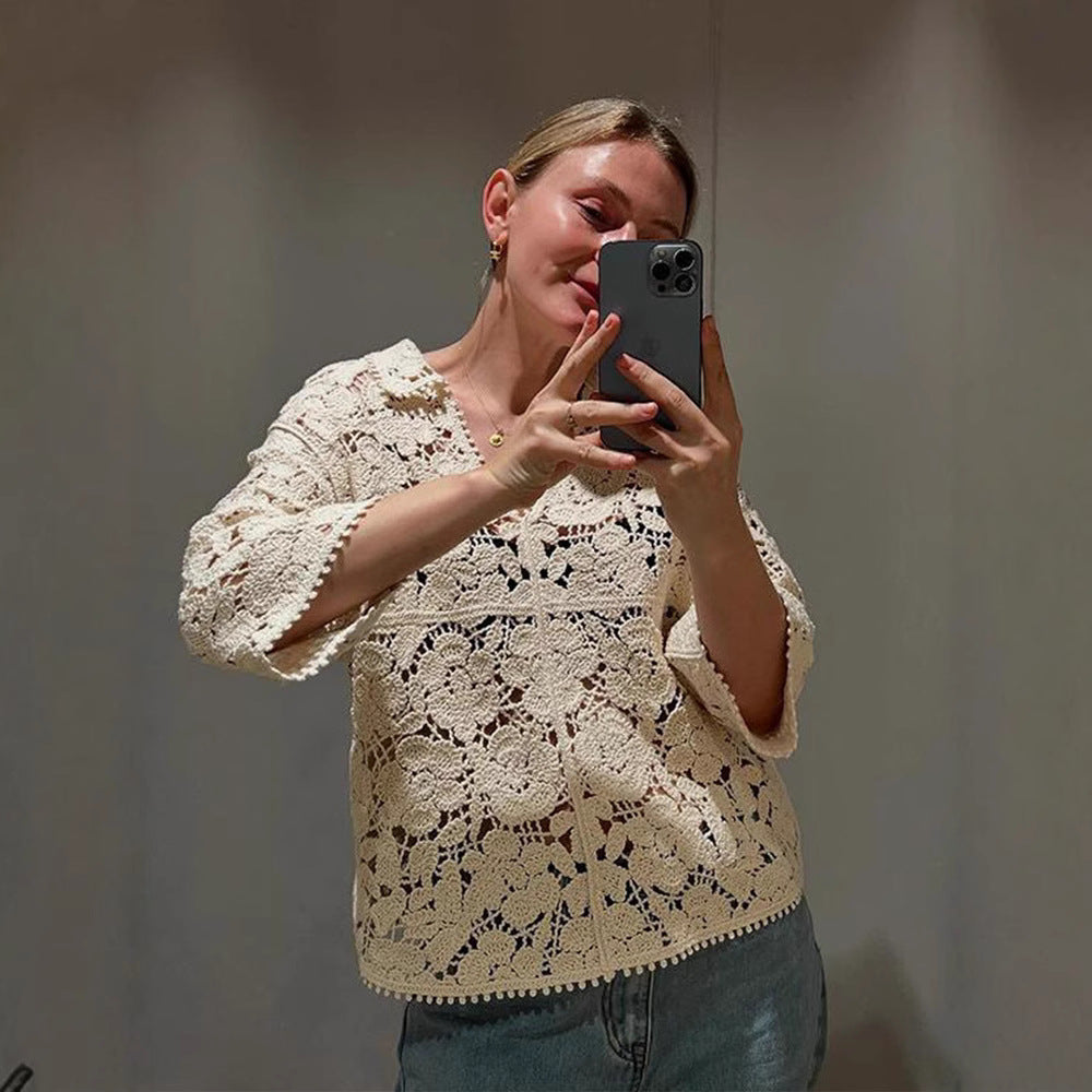 Women's Crocheted Blouse with Floral Openwork Pattern and Three-Quarter Sleeves Amarae