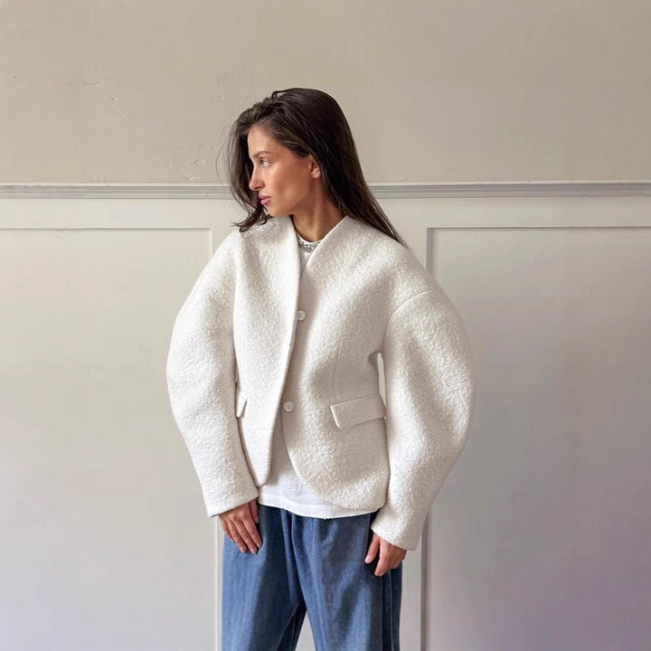 Lune London elegant boucle jacket for women with geometric cut and raglan sleeves