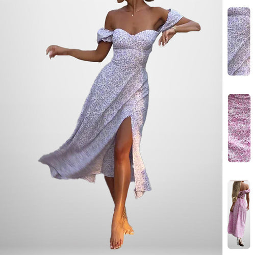Robe maxi femme à épaules dénudées avec imprimé floral romantique et fente sur le côté Chic & Stil