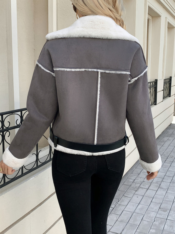 Fashion women's leather jacket with faux fur collar and belt Lune London