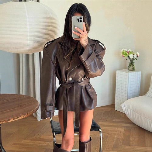 Women's short jacket made of faux leather with waistbelt and oversized shoulder area Amarae
