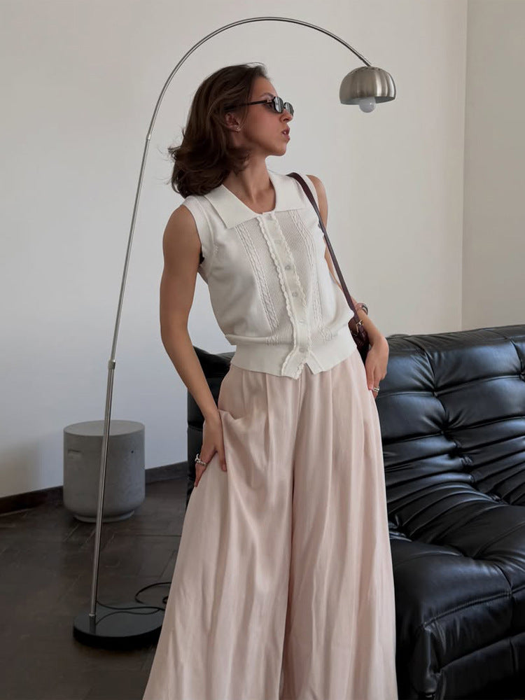 Women's Sleeveless Knit Top with Shirt Collar, Decorative Button Placket and Fine Texturing Amarae
