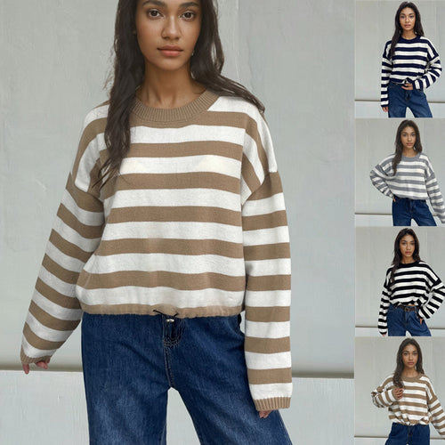 Pull femme décontracté en rayures avec coupe large et cordon de serrage Amarae
