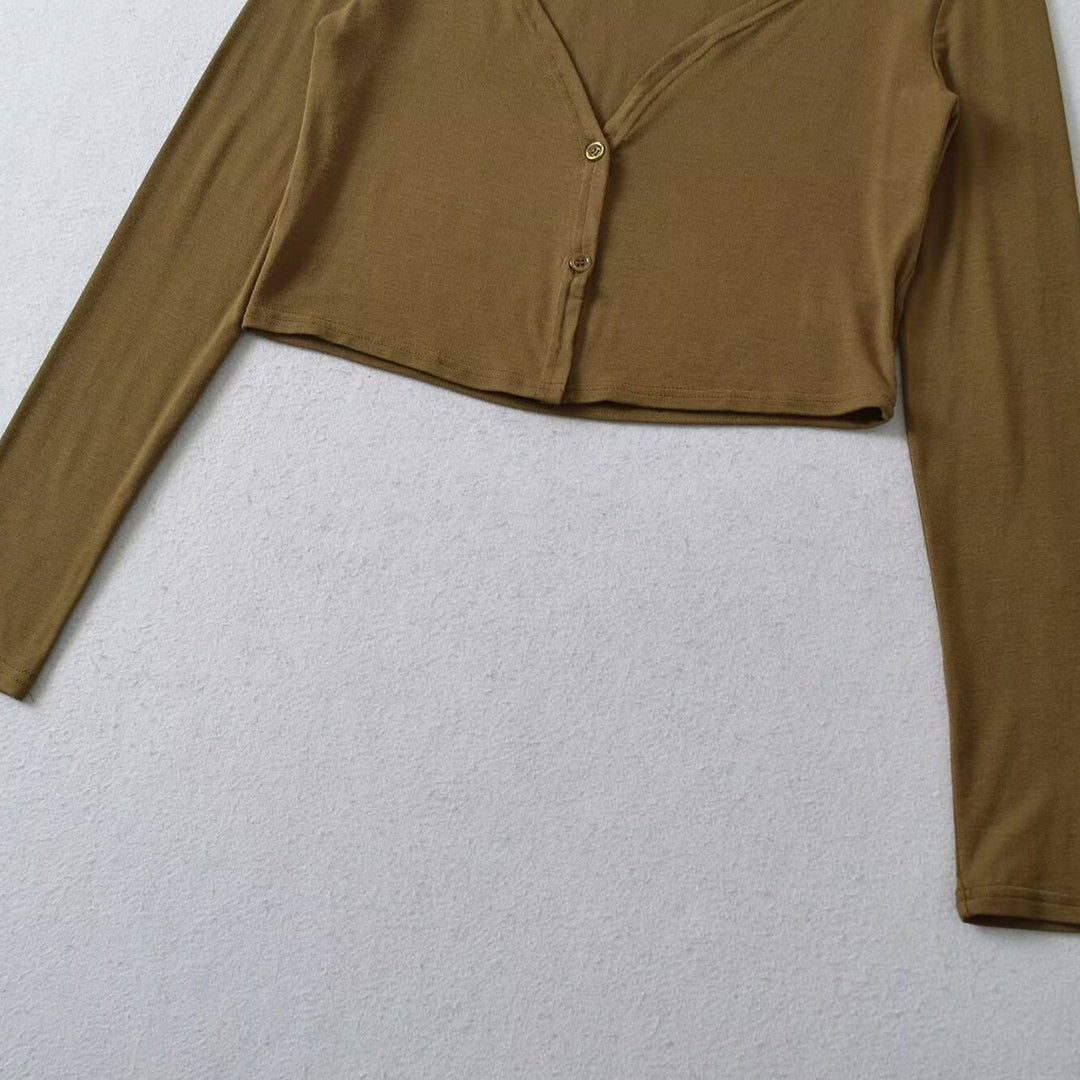 Women's Short Fine Knit Cardigan with Deep V-Neck and Button Front Amarae