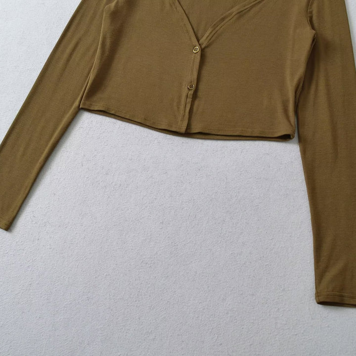 Women's Short Fine Knit Cardigan with Deep V-Neck and Button Front Amarae
