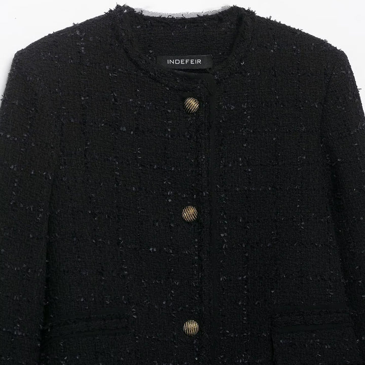 Women's Short Bouclé Tweed Jacket without Collar with Gold Decorative Buttons Amarae
