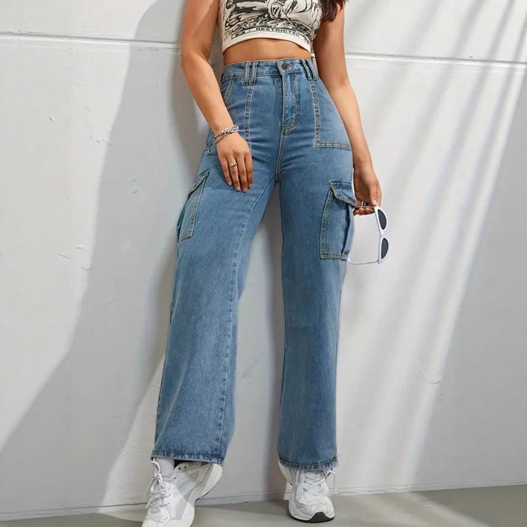Women high-waisted wide cargo jeans with patch pockets and straight leg Amarae