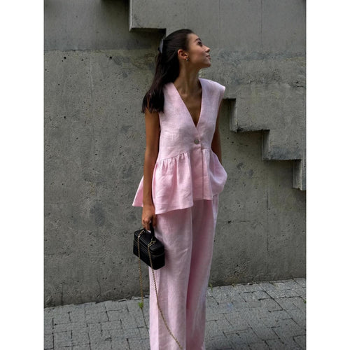 Casual linen set for women with deep V-neck and wide-leg pants Amarae