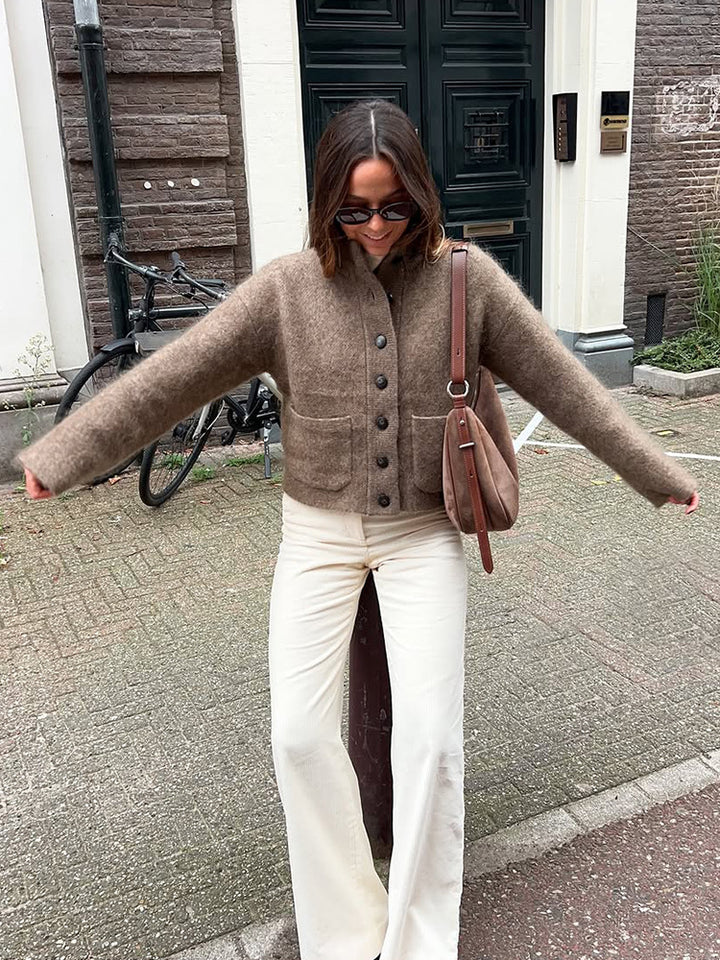 Women's short jacket made of fluffy mohair mix with button placket & patch pockets Amarae