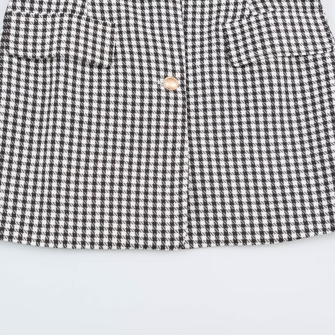 Women Oversized Blazer in Houndstooth Pattern with Balloon Sleeves and Patching Pockets Amarae