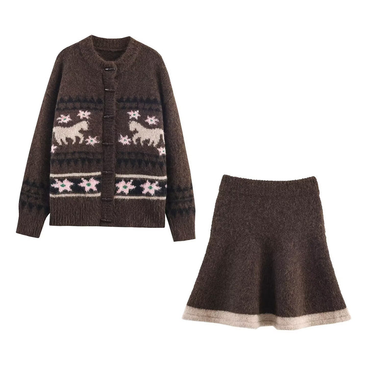 Women's Two-Piece Knit Set with Norwegian Pattern Cardigan and Flared Skirt Amarae