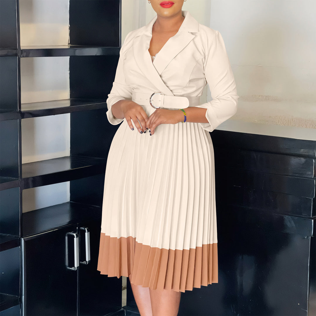 Elegant pleated dress for women with fitted blazer top and belt Lune London