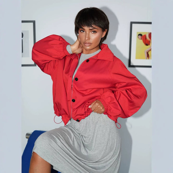 Women's Short Boxy Bomber Jacket with Drawstring and Balloon Sleeves Amarae