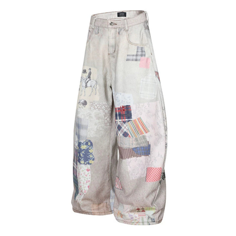 Women's Wide High-Waist Culotte Jeans with Patchwork Print and Balloon Silhouette Amarae