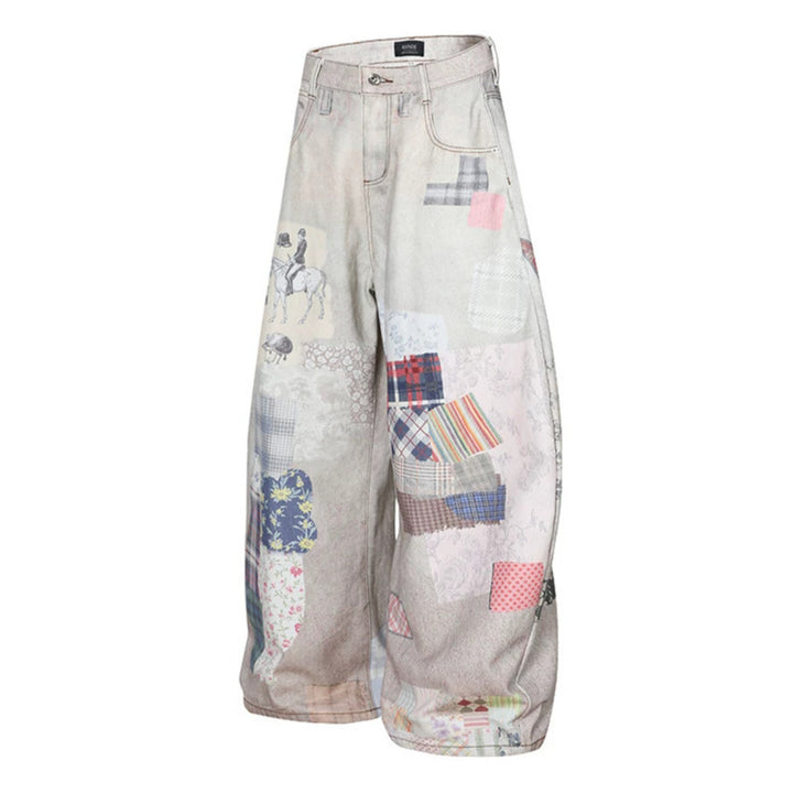 Women's Wide High-Waist Culotte Jeans with Patchwork Print and Balloon Silhouette Amarae