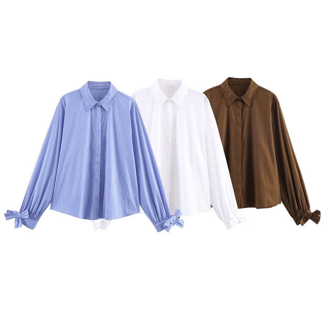 Women's oversized shirt blouse with classic collar, balloon sleeves, and bow cuffs Amarae