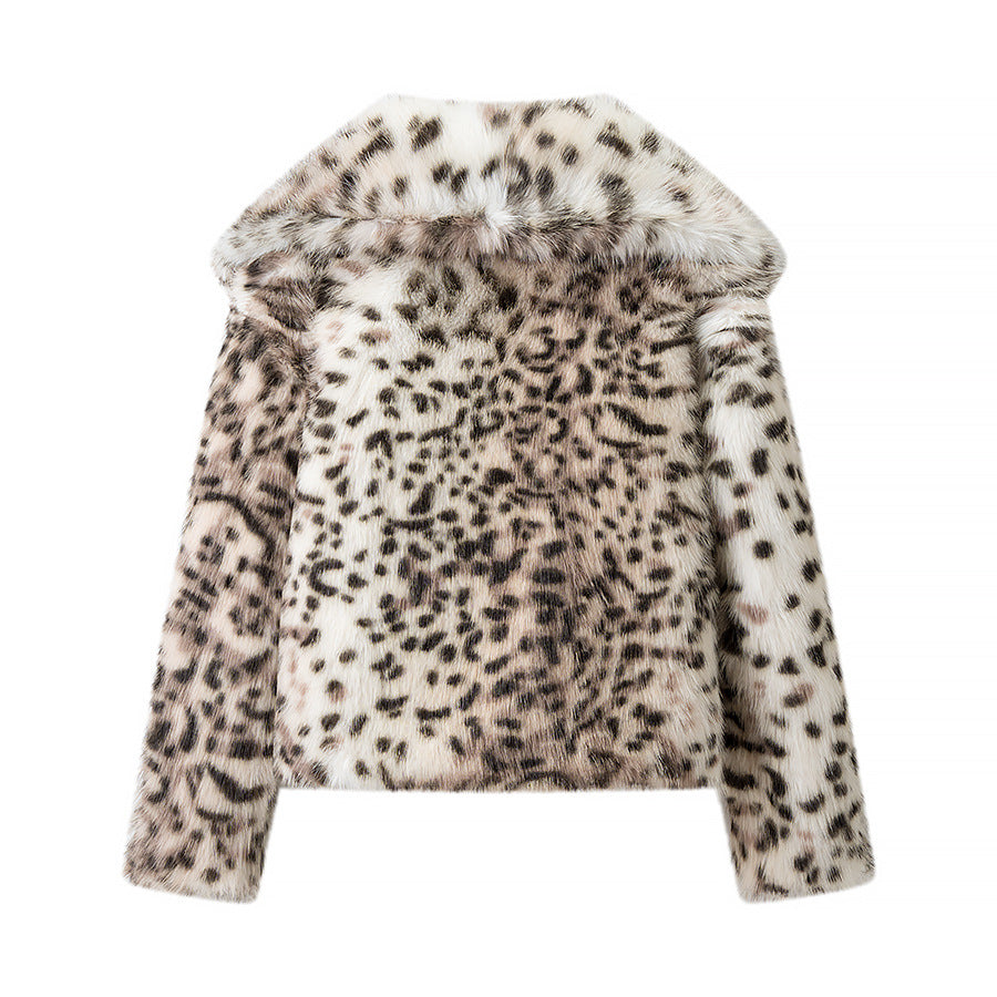 Women Padded Faux Fur Coat with Leopard Print, Oversized Silhouette and Stand-Up Collar Amarae