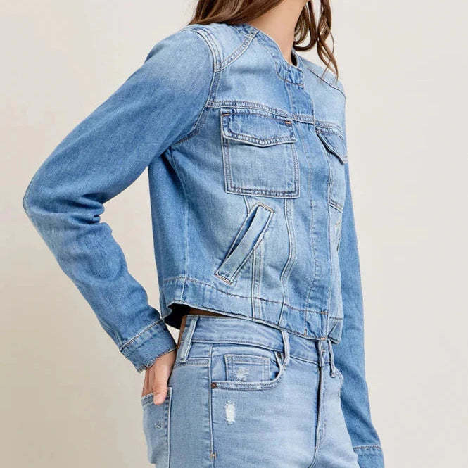 Women's denim jacket in a casual cropped cut with practical pockets and button details Lune London