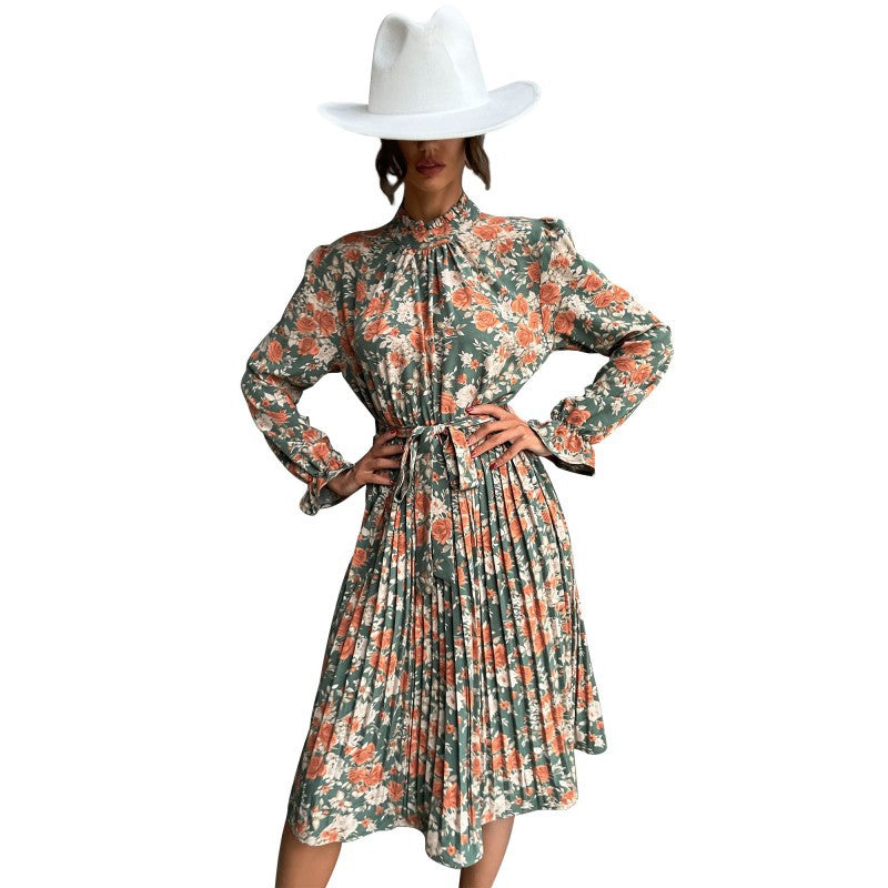 Midi dress for ladies with floral patterns and adjustable belt Lune London