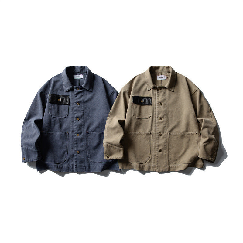 Unisex Boxy-Canvas-Worker-overshirt jacket with leather patch and patch pockets Amarae