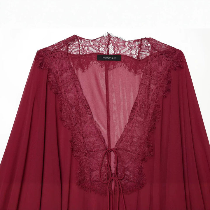 Women's Flowing Kimono Blouse with Lace Trim and Tie Band Amarae