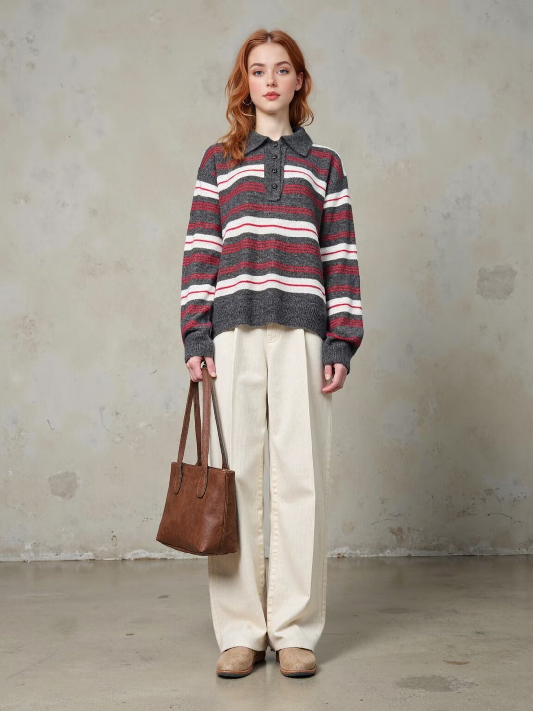 Elegant knitted sweater for women with polo collar and striped pattern Lune London