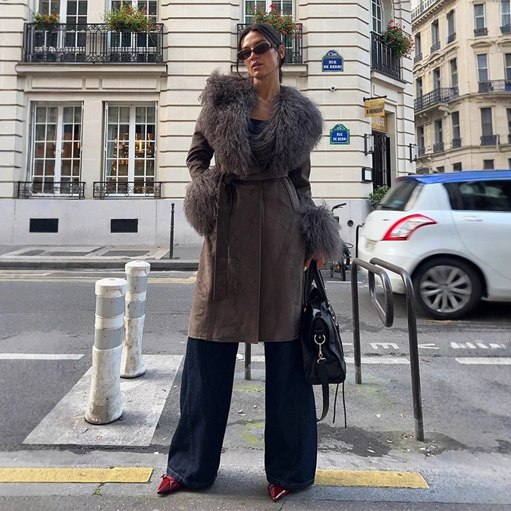 Women's coat made of suede leather look with voluminous faux fur shawl collar, fur cuffs & waist belt Amarae