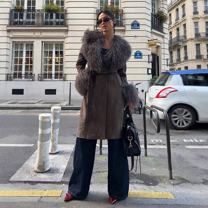 Women's coat made of suede leather look with voluminous faux fur shawl collar, fur cuffs & waist belt Amarae