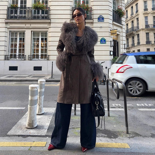Women's coat made of suede leather look with voluminous faux fur shawl collar, fur cuffs & waist belt Amarae