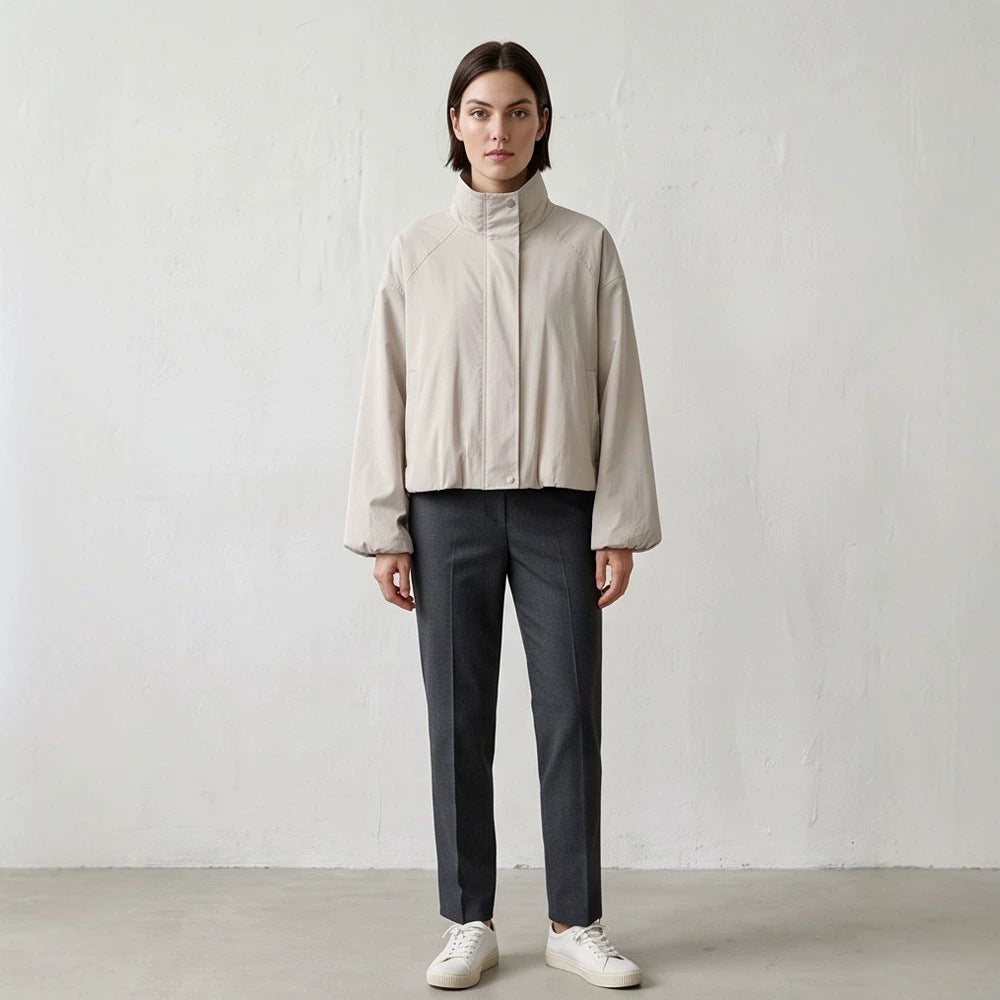 Women's Short Cut Stand Collar Bomber Jacket with Elastic Hem and Raglan Sleeves Amarae