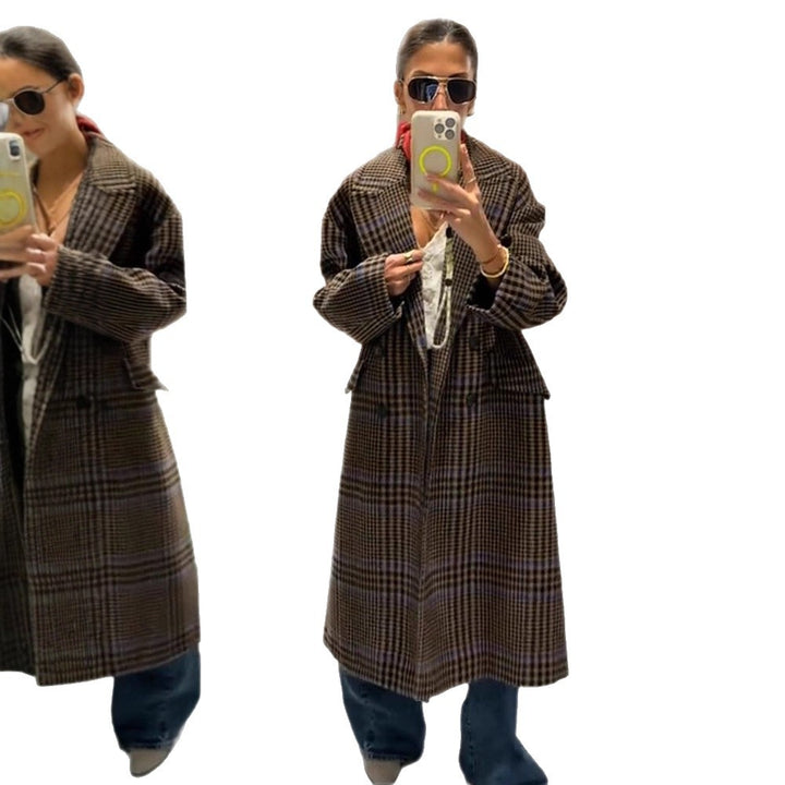 Women Maxilength Oversized Double-Breasted Coat with Emphasized Shoulder and Flap Pockets Amarae
