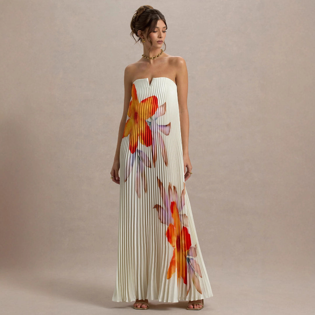 Elegant pleated dresses for women with floral design and strapless neckline Chic & Stil