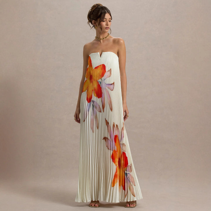 Elegant pleated dresses for women with floral design and strapless neckline Chic & Stil