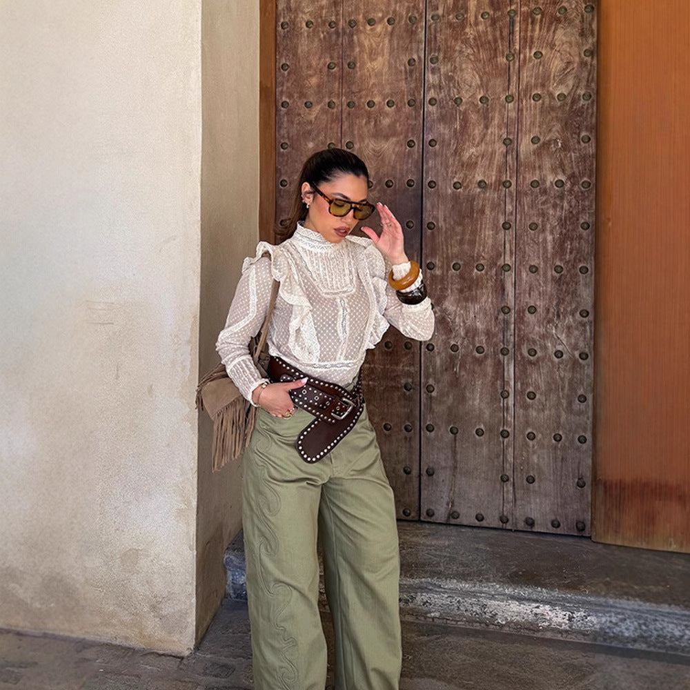 Women's Transparent Dobby Lace Blouse with High Stand-Up Collar, Ruffles & Button Cuffs Amarae