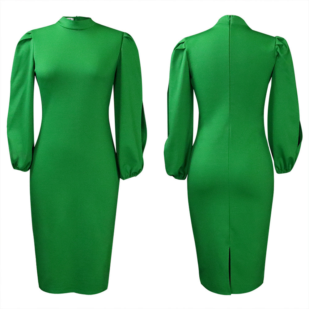 Ladies Elegant Bodycon Dress with Puff Sleeves and High Neck Lune London