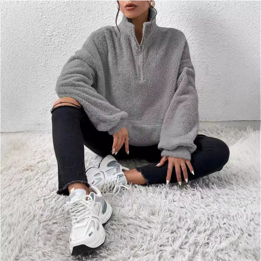 Women Soft High Neck Sweater with Half Zip Lune London