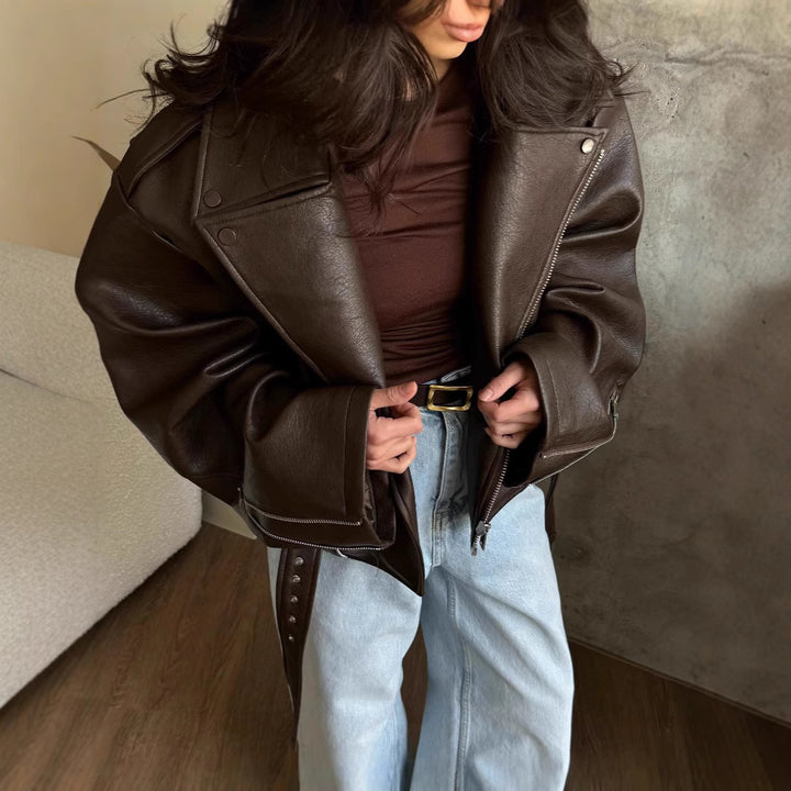 Ladies oversized leather jacket with waist belt Lune London