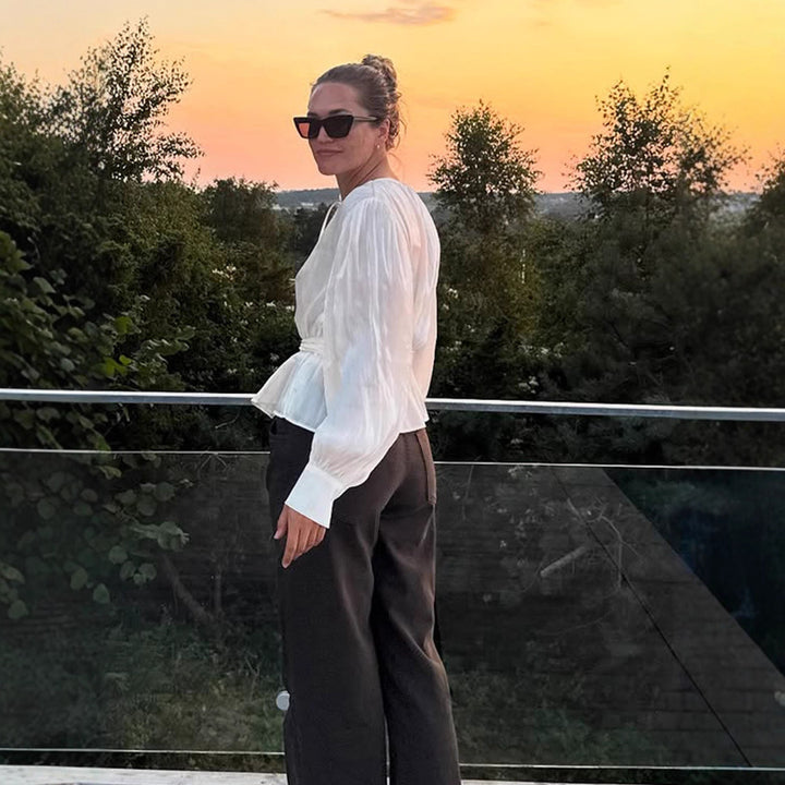 Women Elegant Wrap Blouse with Tie Belt and Voluminous Balloon Sleeves Amarae
