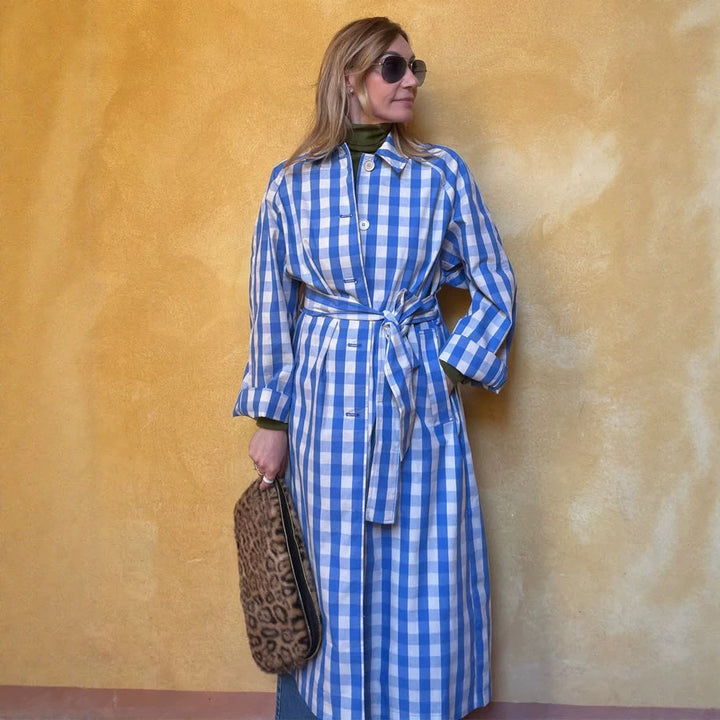 Women's long checkered coat with waist belt and shirt collar Amarae