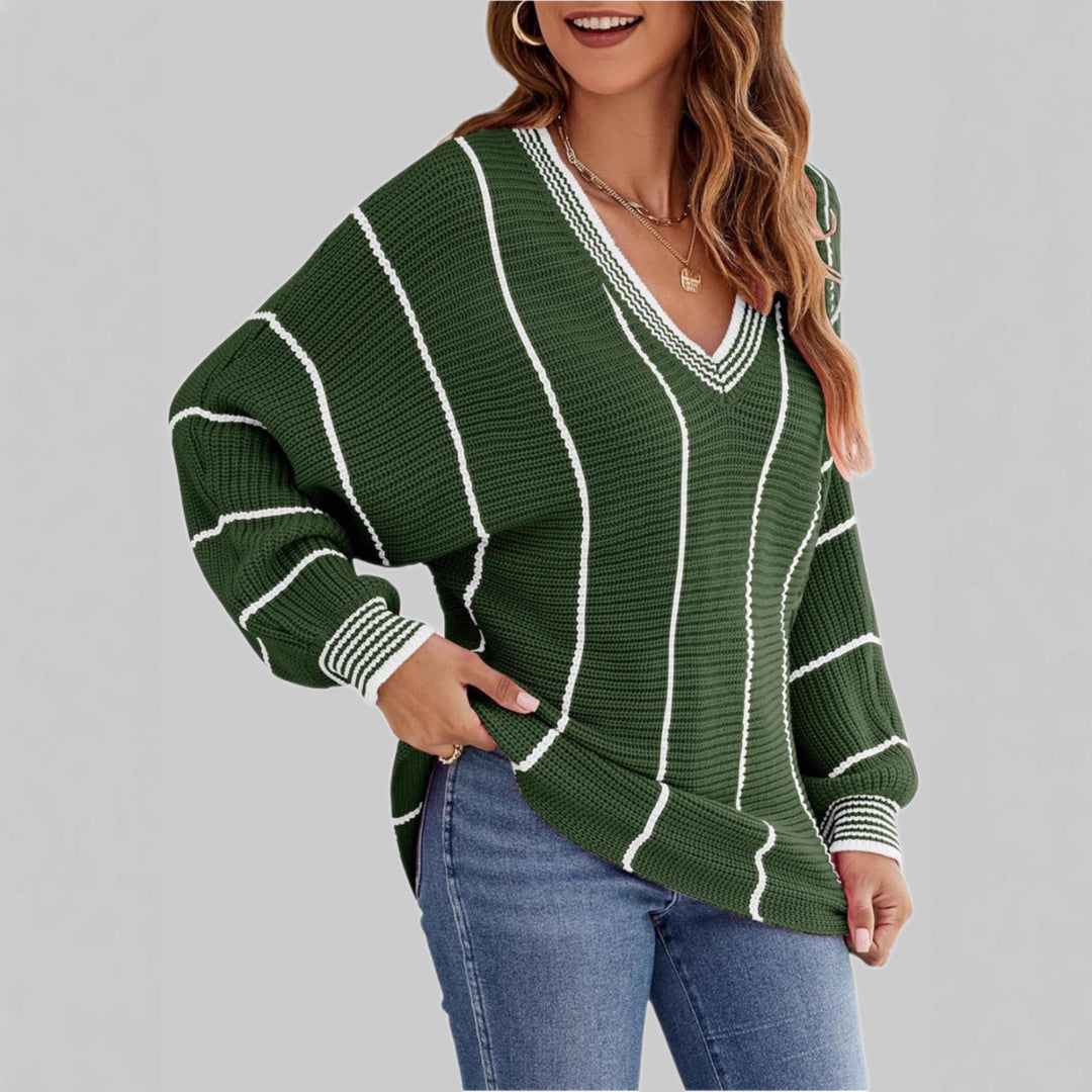 Women’s knit sweater with V-neck and casual striped pattern Lune London