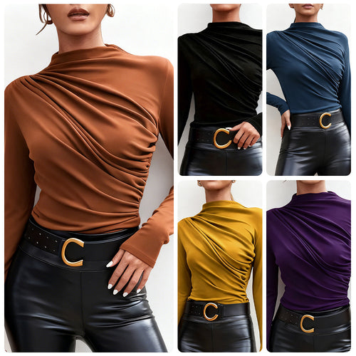 Ladies elegant long sleeve shirt with luxurious draping design and chic stand-up collar Amarae