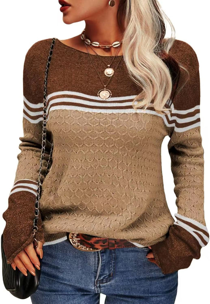 Pull tricoté décontracté pour femmes avec des blocs de couleur contrastants et une texture unique Chic & Stil