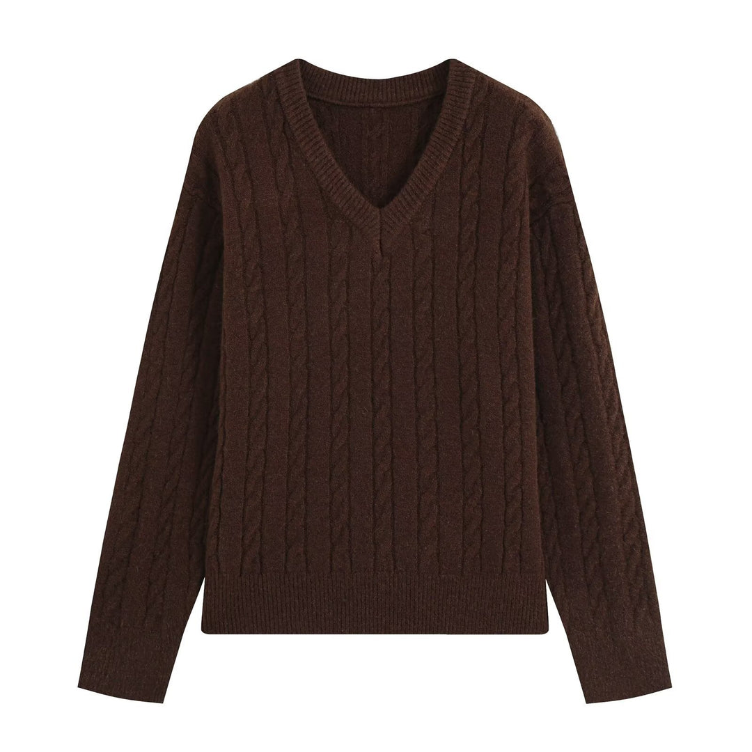 Women's Oversize Cable Knit Sweater with V-Neck and Wide Ribbed Cuff Amarae