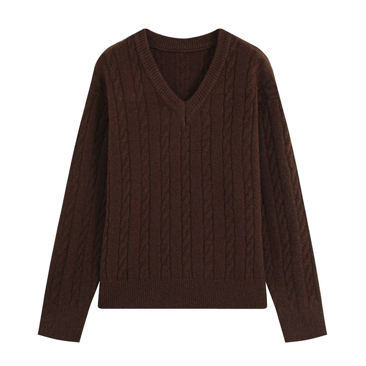 Women's Oversize Cable Knit Sweater with V-Neck and Wide Ribbed Cuff Amarae