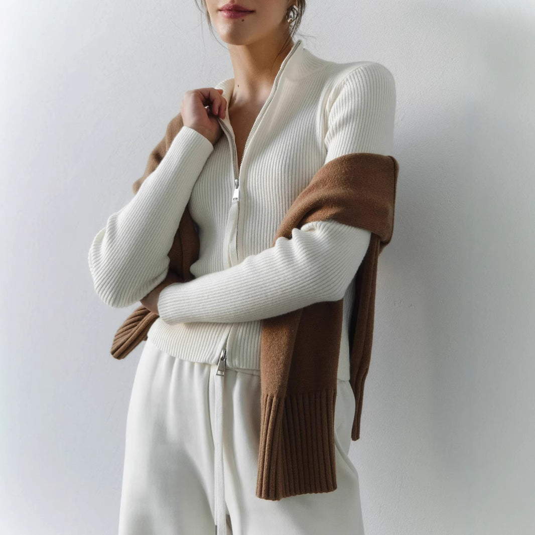 Women's Knit Sweater with High Collar and Zipper Lune London