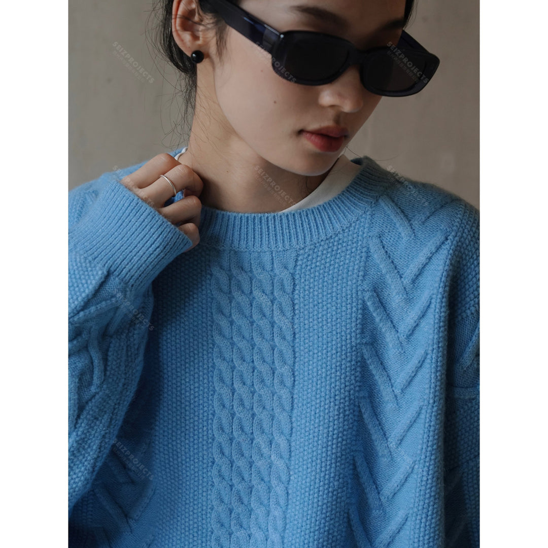 Women chunky knit boxy sweater with cable pattern, balloon sleeves and ribbed hem Amarae