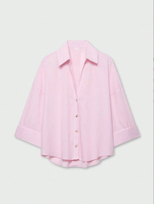 Women's Lightweight Oversized Linen Look Blouse with Three-Quarter Sleeves and Full Button Placket Amarae