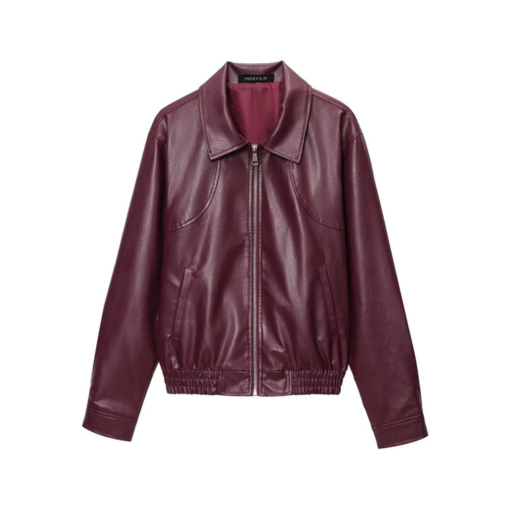 Fashionable faux leather jacket for women with elastic belt and high collar Lune London