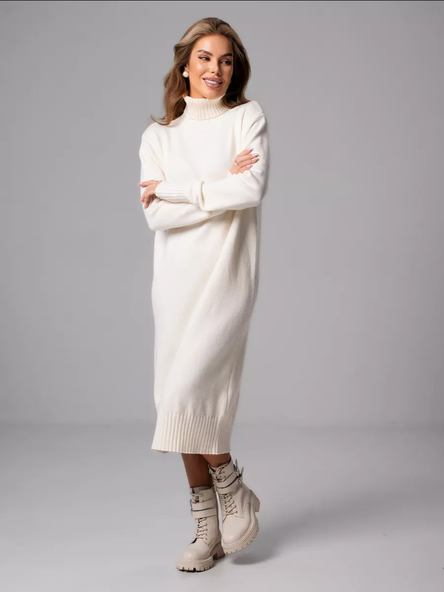 Ladies Long Knitted Dress with Turtleneck and Relaxed Chic Fit