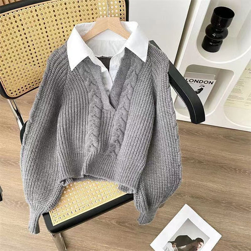 Pull en tricot épais pour femmes avec col en V et look fil Chic & Stil
